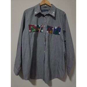 Karen Scott II Womens 2X Christmas Button Down Shirt Gingham Holiday Embroidered